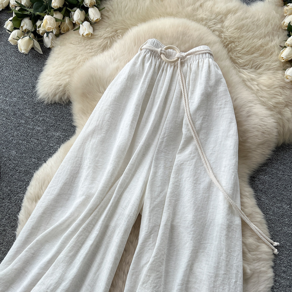 Women's High-Waisted Wide-Leg Trousers Tie Waist Retro Commuter Style Flowy Drapery Relaxed Fit Casual Pants_ecoleips.com