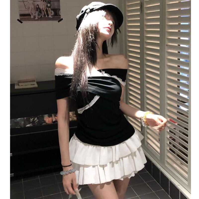 High-Waisted Versatile Black Short-Sleeved T-Shirt, Perfect for Summer, 2025 New Style, Sexy Lace-Trimmed Off-Shoulder Top