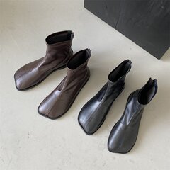 短靴女秋冬单靴2025年新款方头平底靴子后拉链简约软皮百搭及裸靴