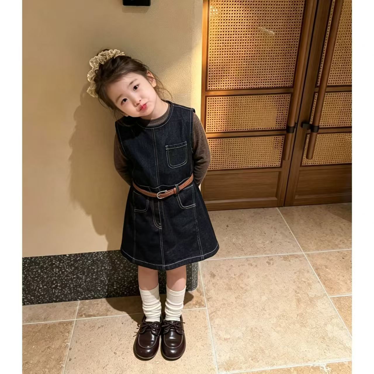 Girls' Dress 2026 Autumn New Arrival: Super Cute Sweet Brown Top and Denim Vest Dress for Girls