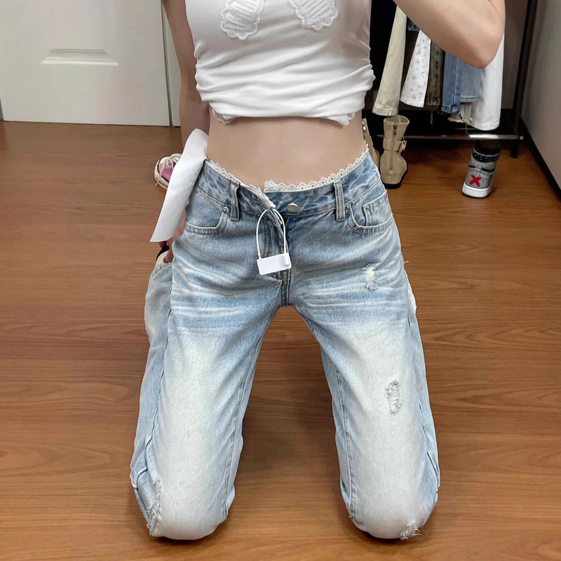 Designed with a Sense of Style, Lace Patchwork Ripped Micro-Flare Jeans for Women, New Spring Style, Low-Waist Stretchy Bootcut Pants for Petite Figures