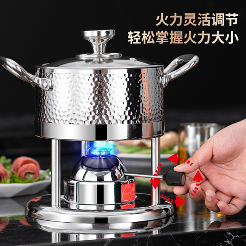Food grade 304 three-layer steel hot pot hotel single hot pot dining stove outdoor camping small hot pot hammer pattern hot pot