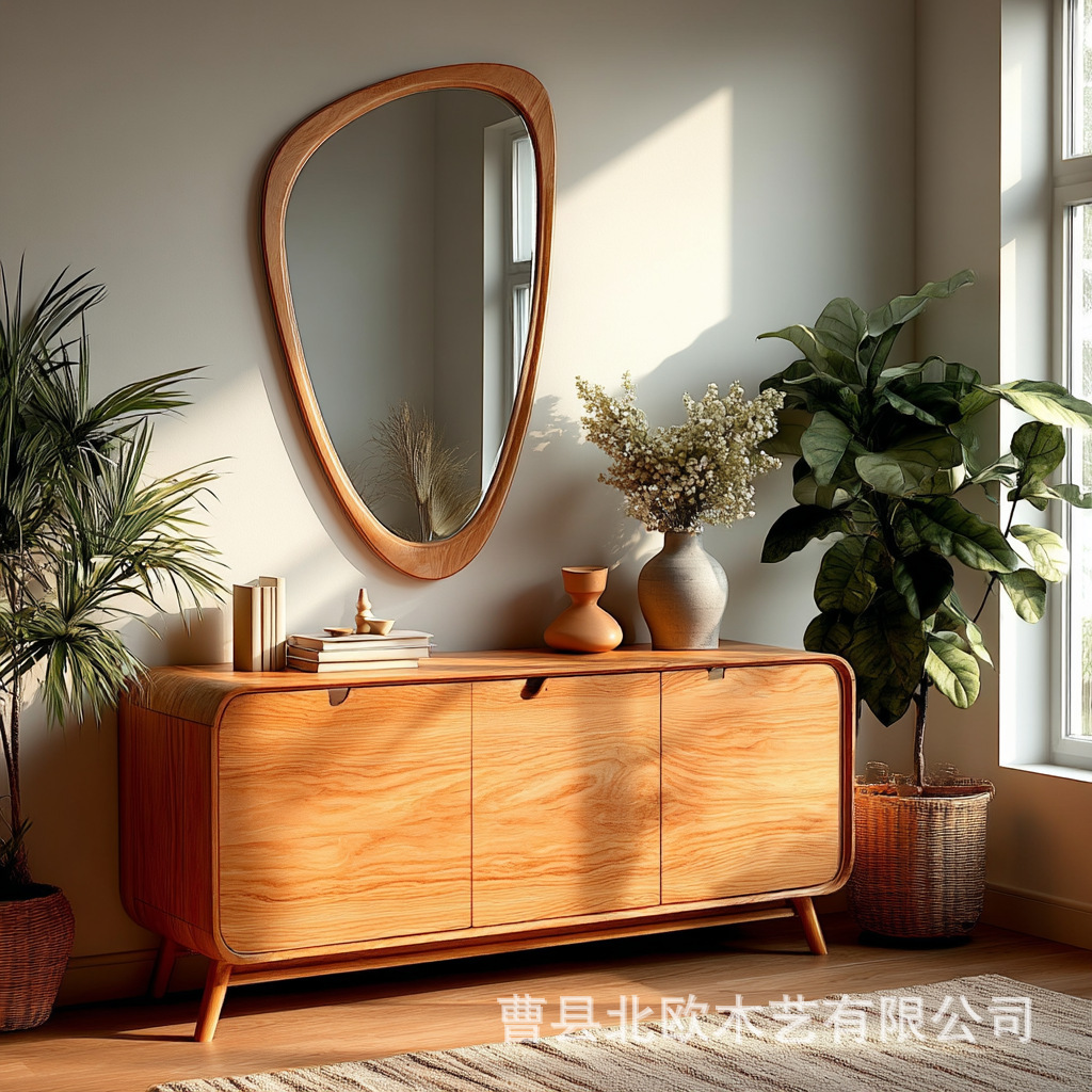 复古木质芒果镜入口客厅不规则不对称镜子卫生间化妆镜壁挂试衣镜