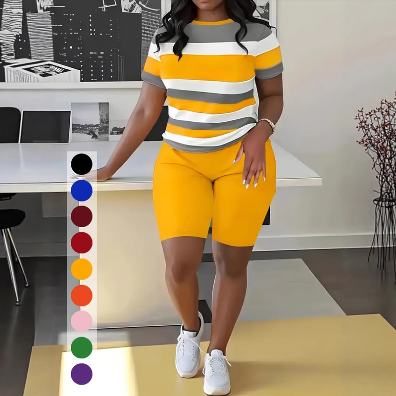 6661 European and American Clothing Stripesd Printing Cross-Border Supply Printing Short-Sleeved Shorts Sports Suit Cute Special