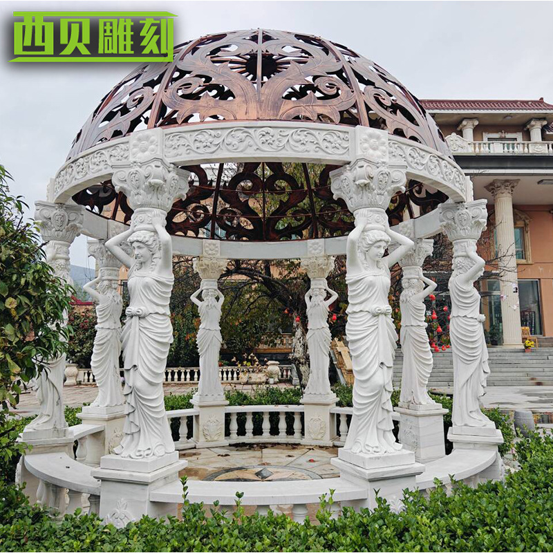 汉白玉石材人物欧式圆顶亭子厂家公园别墅欧式人物凉亭