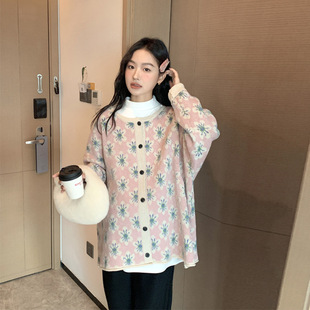 Autumn and Winter sweet Japanese flower maternity sweater cardigan loose plus size mid-length top casual Artistic style