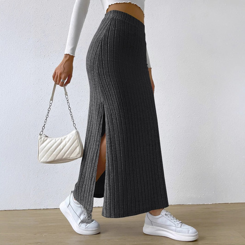 2025 Western European Cross-Border Spring New High-Waisted Knit Mini Skirt with Side Slit Long Dress for Women