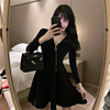 Round neck slant open zipper solid color A-line umbrella swing skirt knitted skirt long sleeve dress