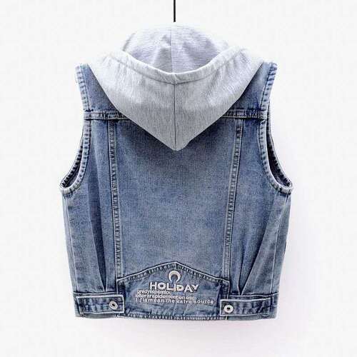 Embroidered denim vest for women 2025 spring and autumn Korean version versatile slimming outerwear with hood for women students upper garment
