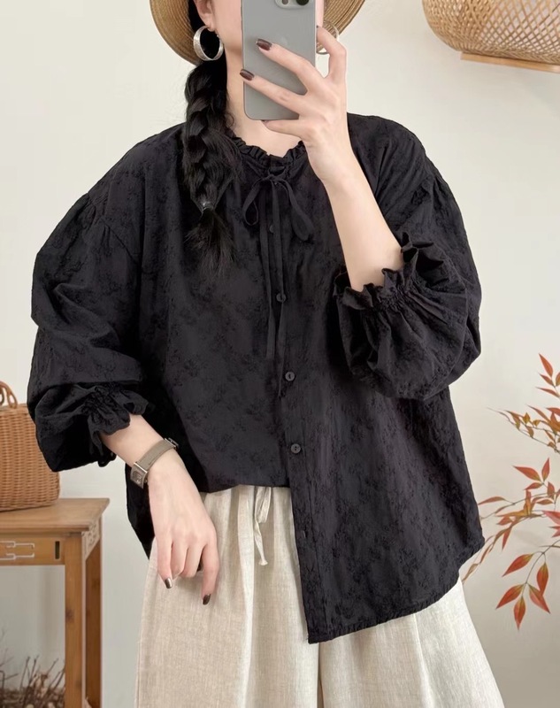 新品甜美花边系带衬衣女气质百搭叠穿长袖衬衫|undefined