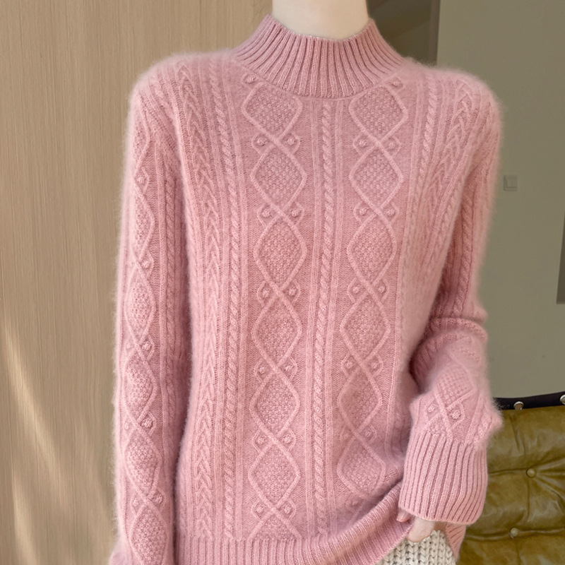 2024 Autumn and Winter New Solid Color Arran Jacquard Wool Sweater Women's Half High Collar Diamond Twisted Flower Sweater