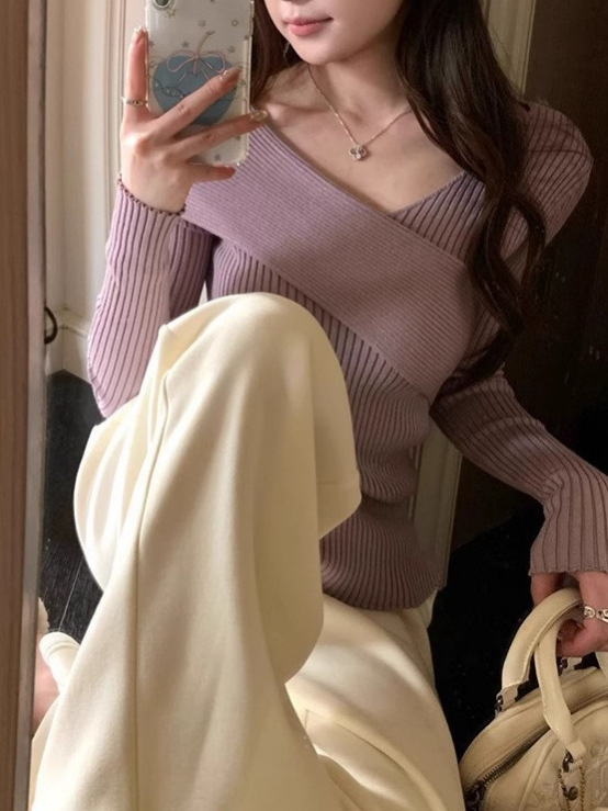 Irina Autumn and Winter Gray Purple Cross V Neck Knitted Bottoming Shirt Women's Collarbone Slimming Look Sweater Off-Shoulder Top