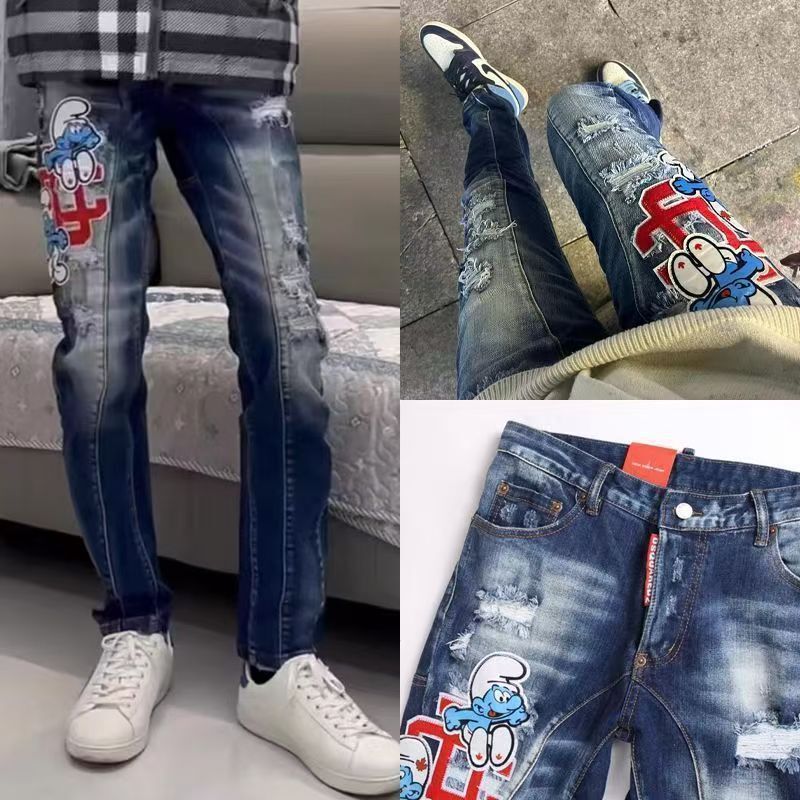 European and American Trendy Slim Fit Skinny Jeans for Men with Ripped Holes, Trendy Blue Elf Patches, Handsome and Personalized Trousers European and American Trendy Slim Fit Skinny Jeans for Men with Ripped Holes, Trendy Blue Elf Patches, Handsome and Personalized Trousers