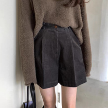 韩国chic秋季复古小众高腰百搭一粒扣压褶感宽松阔腿灯芯绒短裤女