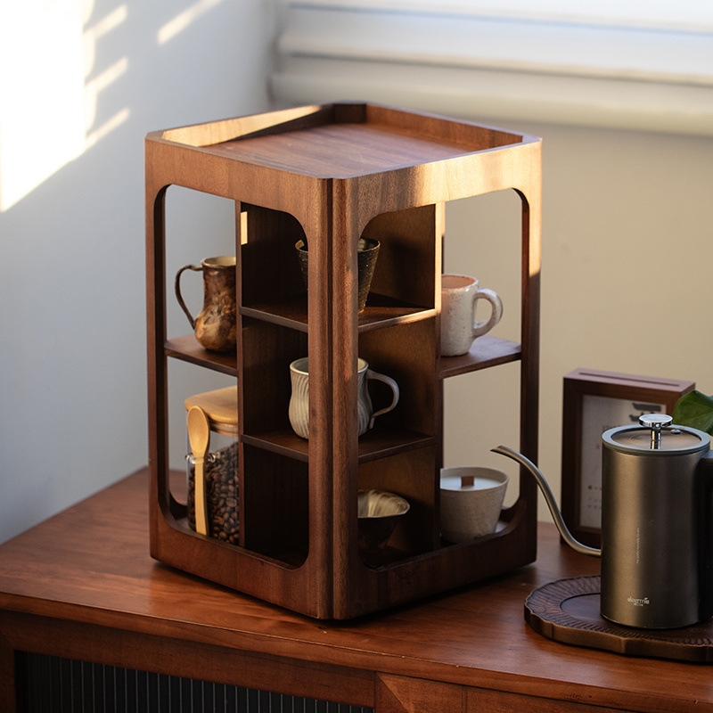 호두 회전식 바닥 스토리지 랙 단단한 나무 티 컵 랙 작은 나무 다도 설치가 필요없는 다층 스토리지 랙