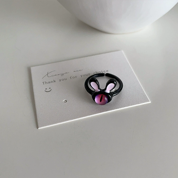 Ring Cute Cartoon Metal Monster, Adjustable Open Band, Enamel Finish, Trendy Cat & Bunny