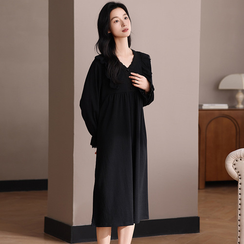 净版甜美公主风白色长袖睡裙女性感夏季黑色长款连衣裙少女家居服