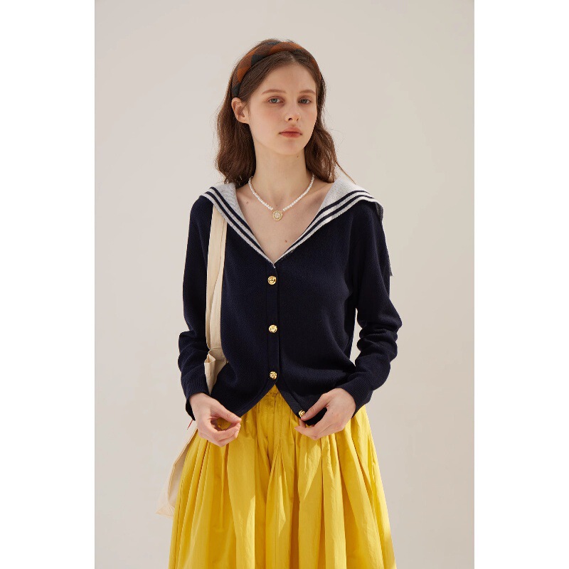 Sullenger French Navy Style 2026 Spring New Skin-Friendly Wool Blend Slim V-Neck Knit Sweater for Women