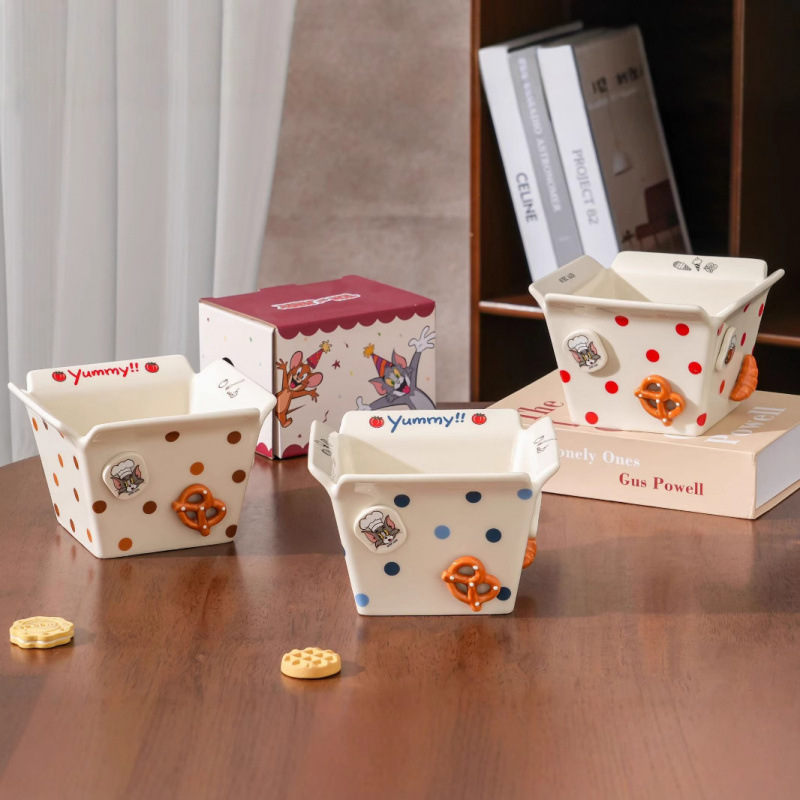 Gato y ratón tazón de cerámica doméstico nuevo tazón de ensalada de alto valor cuadrado dormitorio encantador regalo de papas fritas tazón de porcelana