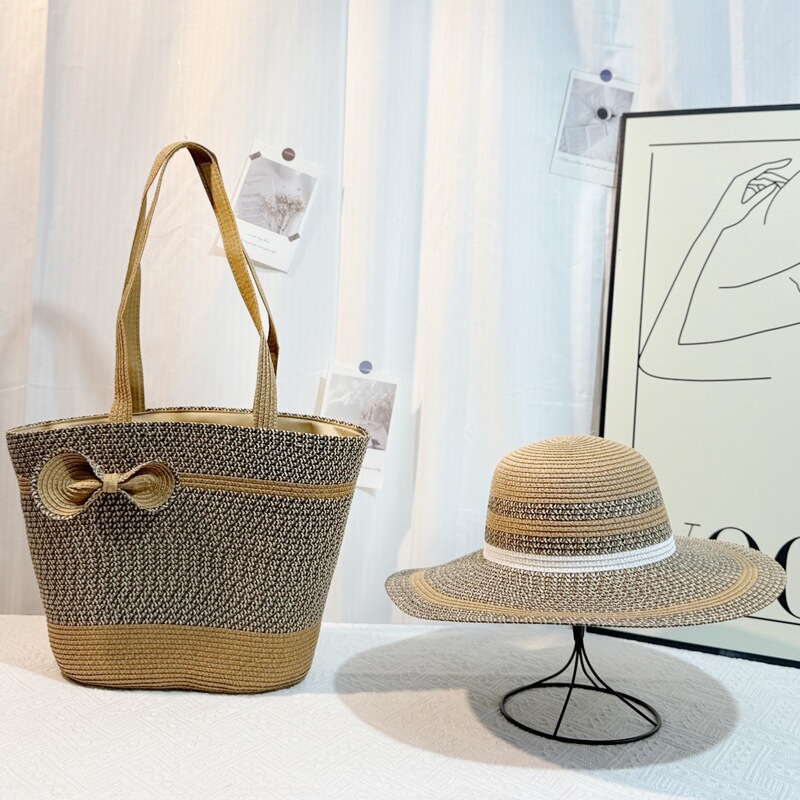 Cross-Border Popular Straw Woven Bag + Sun Hat Beach Shoulder Bag Woven Commuter Bag Travel Vacation Handbag