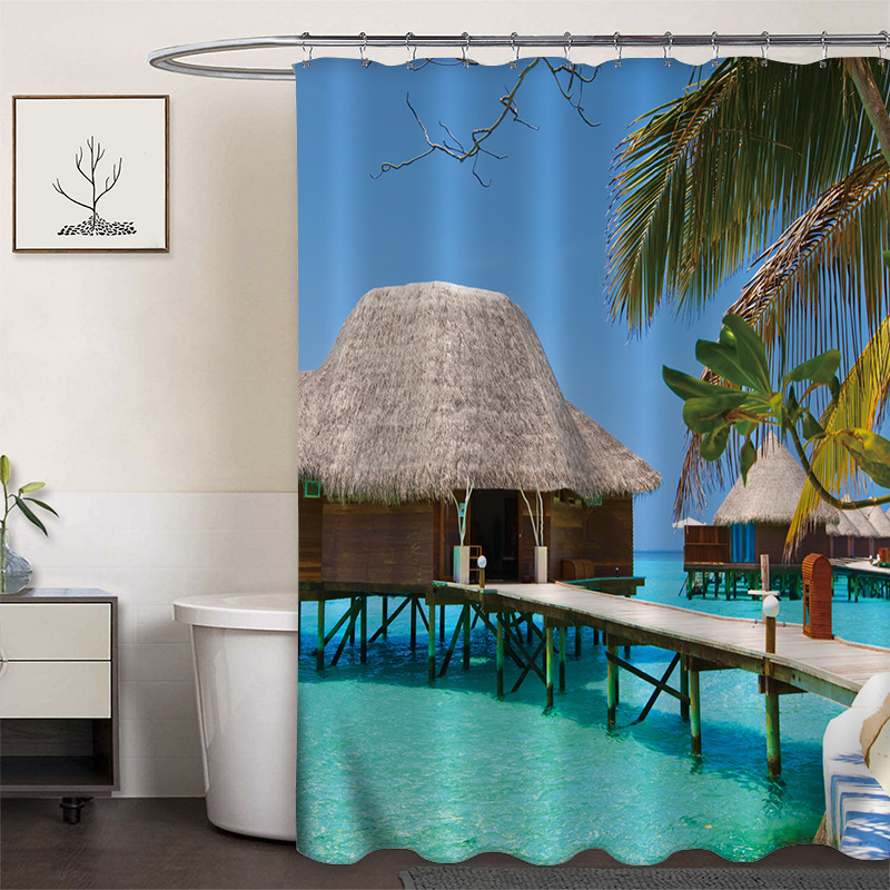 Cortina de ducha de poliéster impresa con hebilla de cortina de ducha de plástico baño cuarto de baño cortina de partición impermeable a prueba de moho