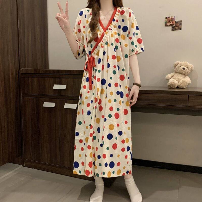 Cross-Border Polka Dot Artist Plus Size 100kg Cloud Cotton Robe for Women Summer Short-Sleeve Kimono Bathrobe Long Pajamas