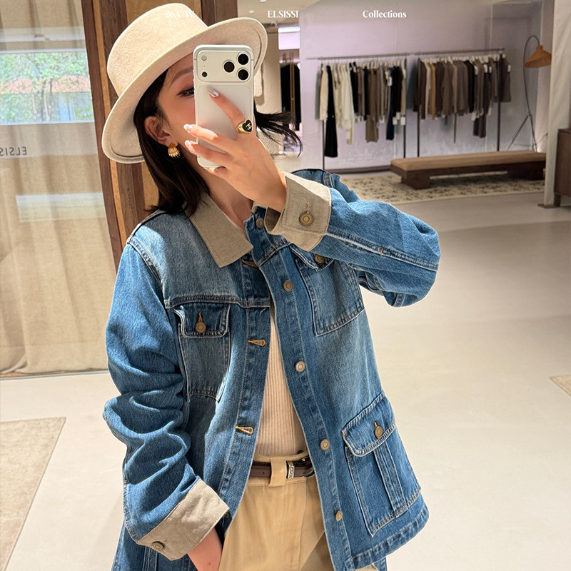 ELSISSI Loose-fitting Casual Style Patchwork Denim Jacket for Women, Autumn 2026 New Arrival, Stylish Tie-waist Top