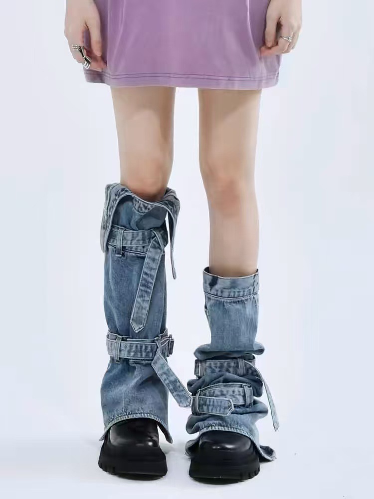 블루 불규칙 데님 레그 워머