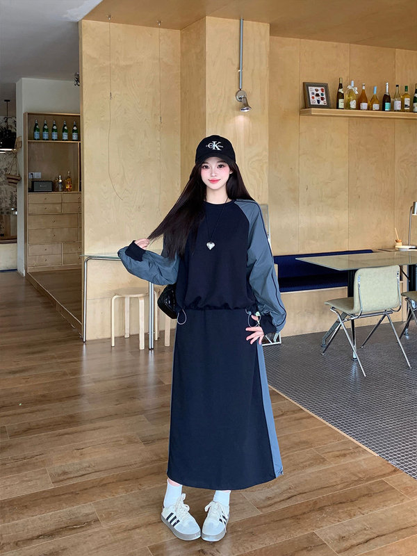大码女装秋季极简藏青色撞色拼接运动风卫衣半身裙套装|undefined