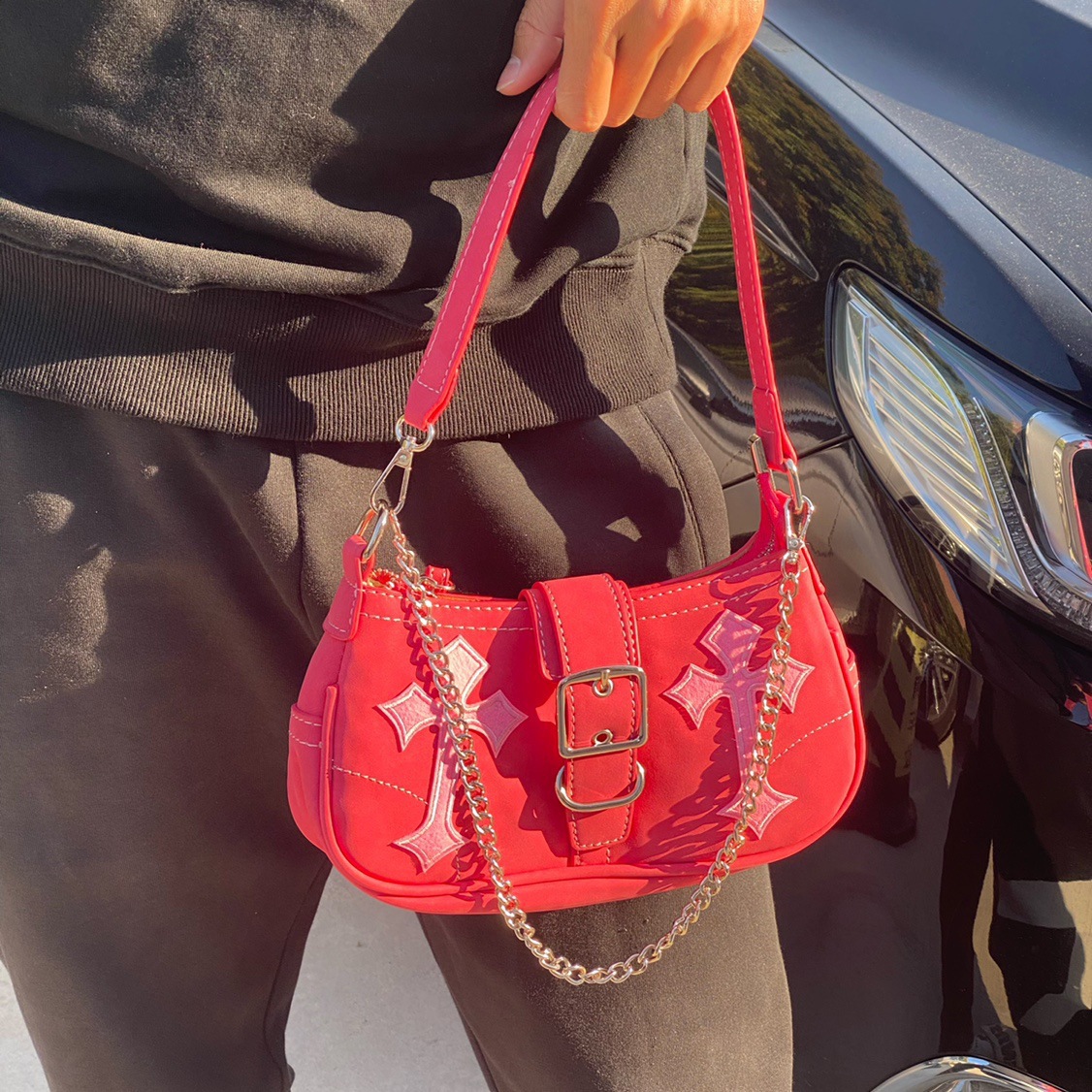 (2개) 로즈 바비 겨드랑이 오토바이 가방 크로스 Y2K 뜨거운 소녀 겨드랑이 가방 틈새 디자인 싱글 숄더 바게트 가방