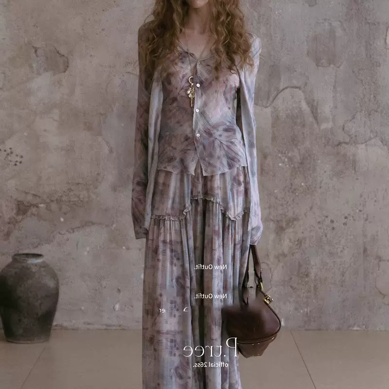 做货中P.tre手绘抽象花色衬衣半身裙套装印花飘逸大摆衬衫上衣