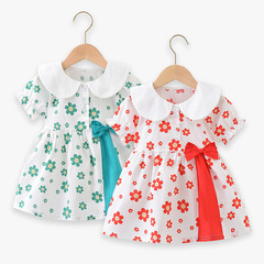 Girls' Summer Short-Sleeve Pure Cotton Thin Blouse Dress for Babies, Trendy Stand Collar Half Body Skirt, 2024 New Children's Dress
