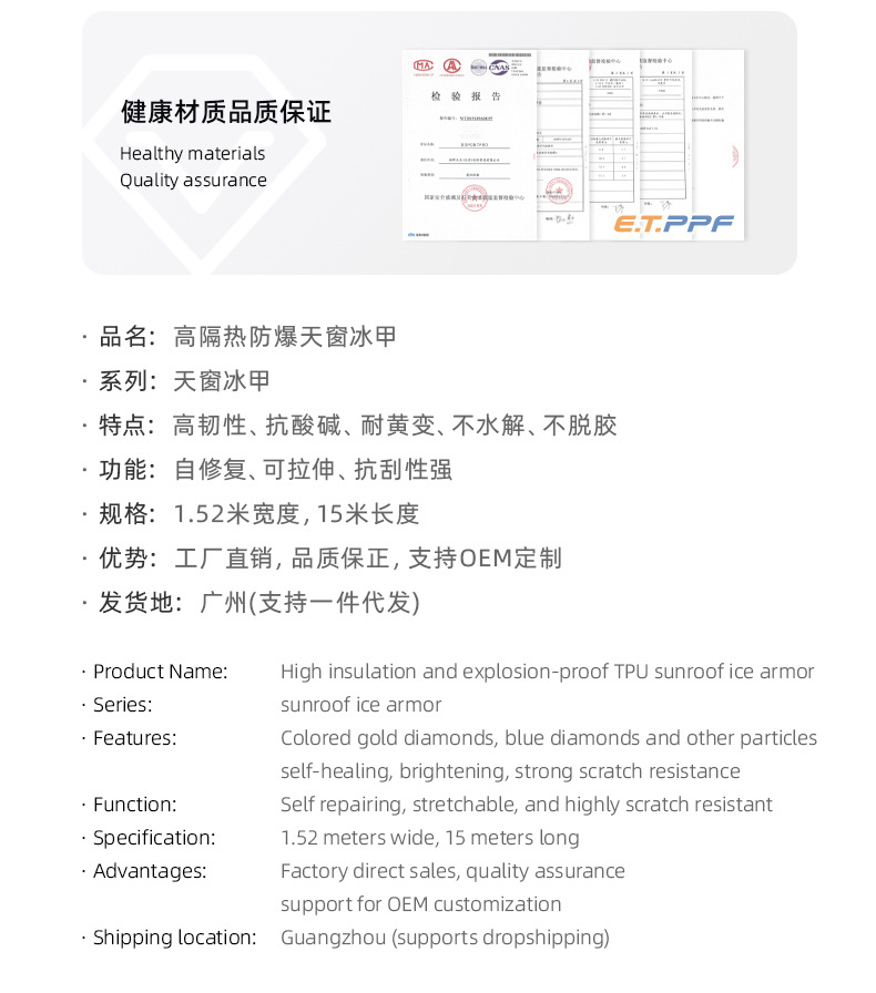 Car Sunroof Ice Armor Tpu High Insulation Silver-Plated Roof Safety Glass Film Panoramic Sunroof Canopy Tph Explosion-Proof Film