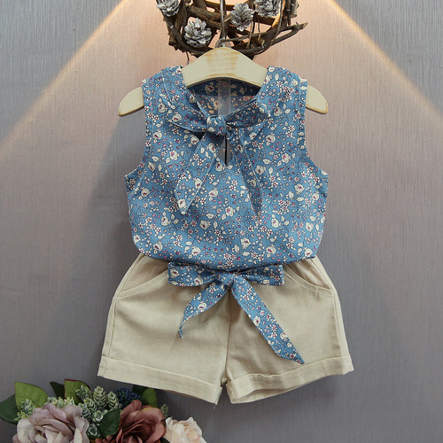 5973 foreign trade summer new product Korean style children's suit girls floral sleeveless vest and shorts two-piece children's clothing set