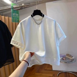 跨境批发大码纯色240斤短袖2026新款宽松网纱拼接t恤女装上衣服潮