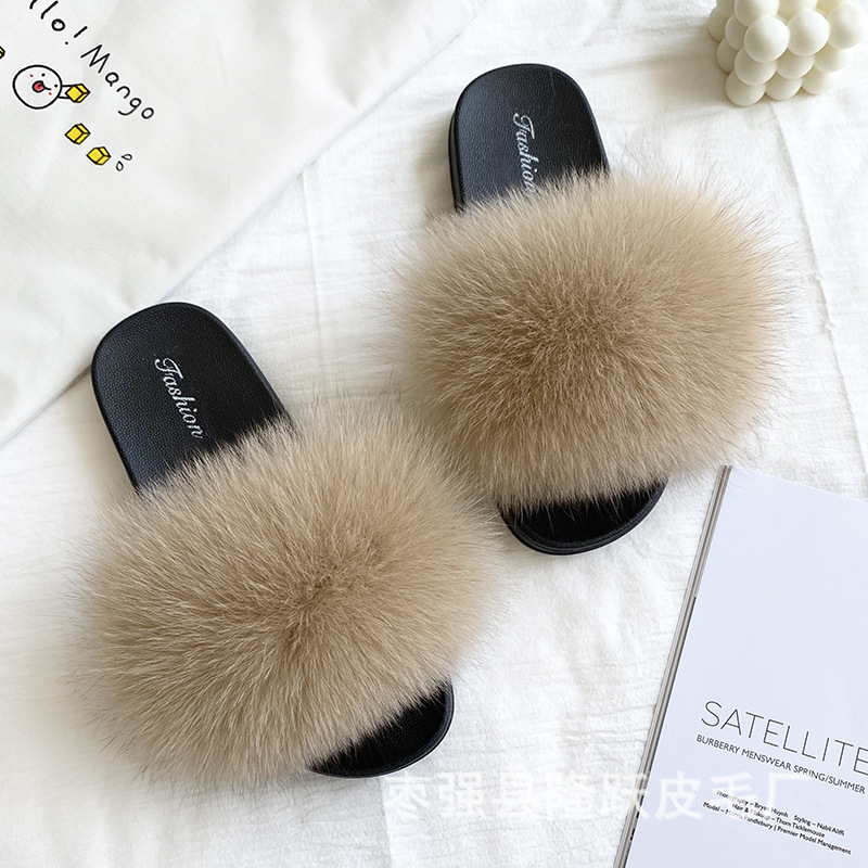 Amazon transfronterizo zapatillas de pelo de zorro real zapatillas de pelo de fondo plano zapatillas de pelo de mujer zapatillas de pelo de verano nuevas exportaciones