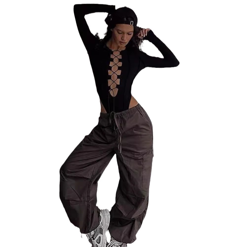 Estilo europeo y americano Comercio exterior ins moda ropa de mujer sexy Big V hueco encaje-arriba revés coche pit SLIM-Fit mono de manga larga para las mujeres