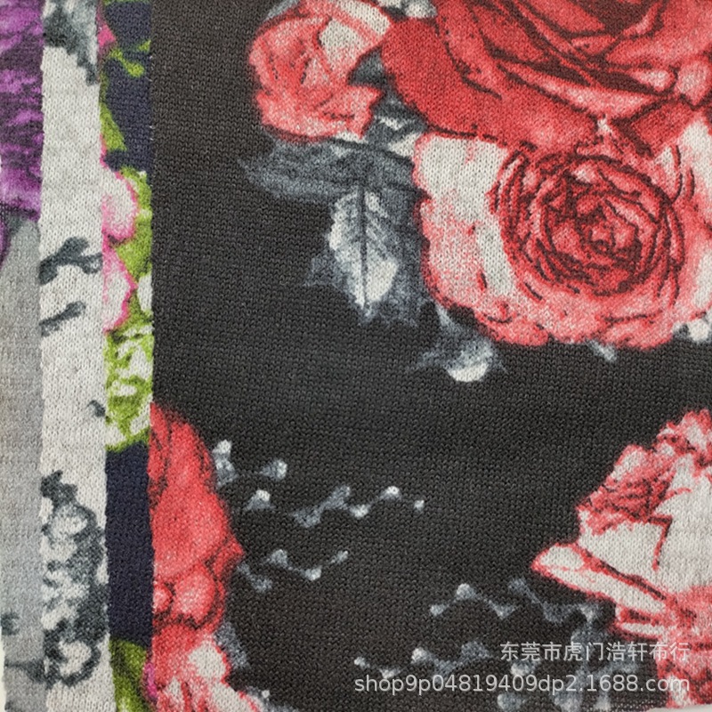 复古风法国羊绒印大花 秋冬打底围巾发带针织面料 单面磨毛绒印花