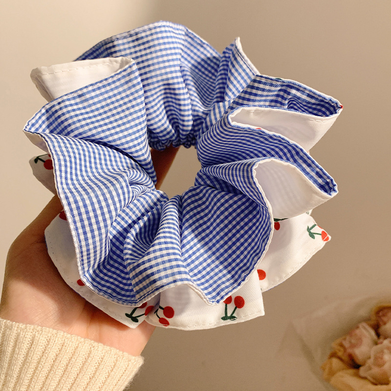 樱桃双层褶皱大肠发圈红色格子双拼蓝色格子田园风发圈马尾女头饰|undefined