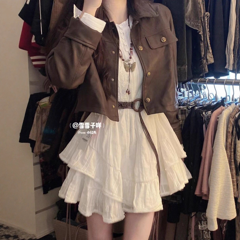 American Classic Retro Motorcycle Brown Versatile Leather Jacket + Gentle Style Slimming Look Waist Dress Suit American Classic Retro Motorcycle Brown Versatile Leather Jacket + Gentle Style Slimming Look Waist Dress Suit