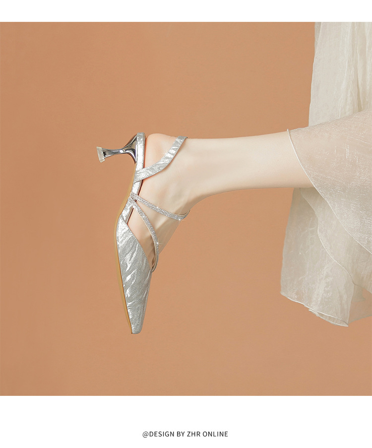 Sandal cao gót nữ mũi nhọn bít mũi đính đá phong cách Pháp — Y781 màu bạc chi tiết 17