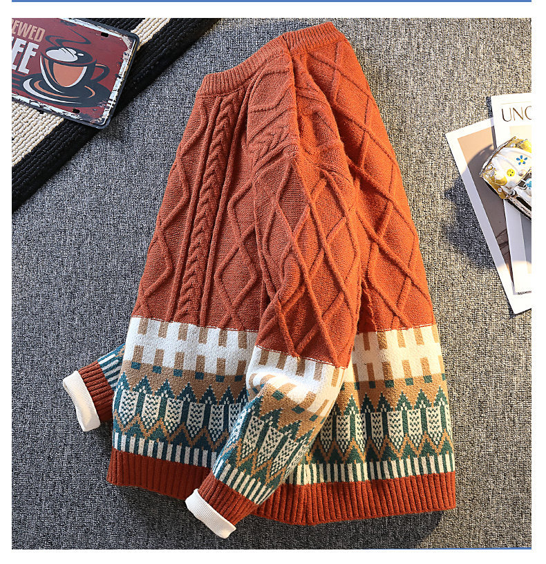 Herren-Langarm-Strickpullover, lässig, locker geschnitten, Rundhalsausschnitt, Polyester-Kaninchenwollmischung, Herbst-Winter-Mode mit Emblem-Design_voghion.com