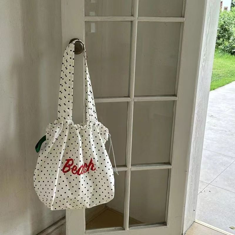 Small Fresh Polka Dot Nylon Shoulder Bag for Women 2024 New Korean Style Commuter Armpit Bag Letter Print Tote Bag