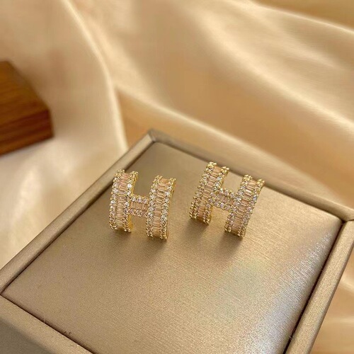 Zircon earrings for women,  new trendy light luxury niche design, high-end French silver letter earrings