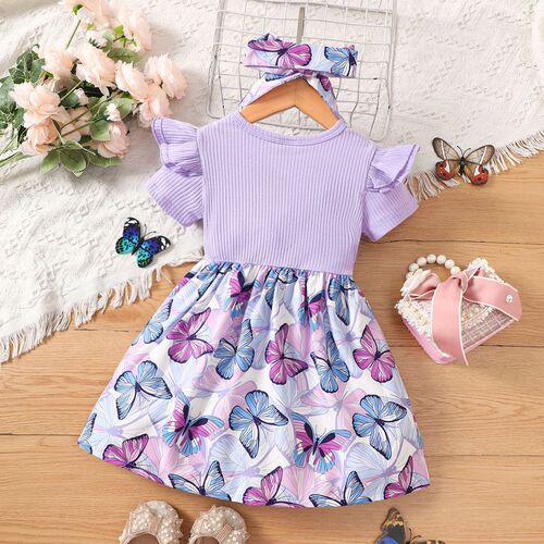 Cross-border Instagram junior girls summer fly sleeve short sleeve bow print two-piece fashionable dress trendy