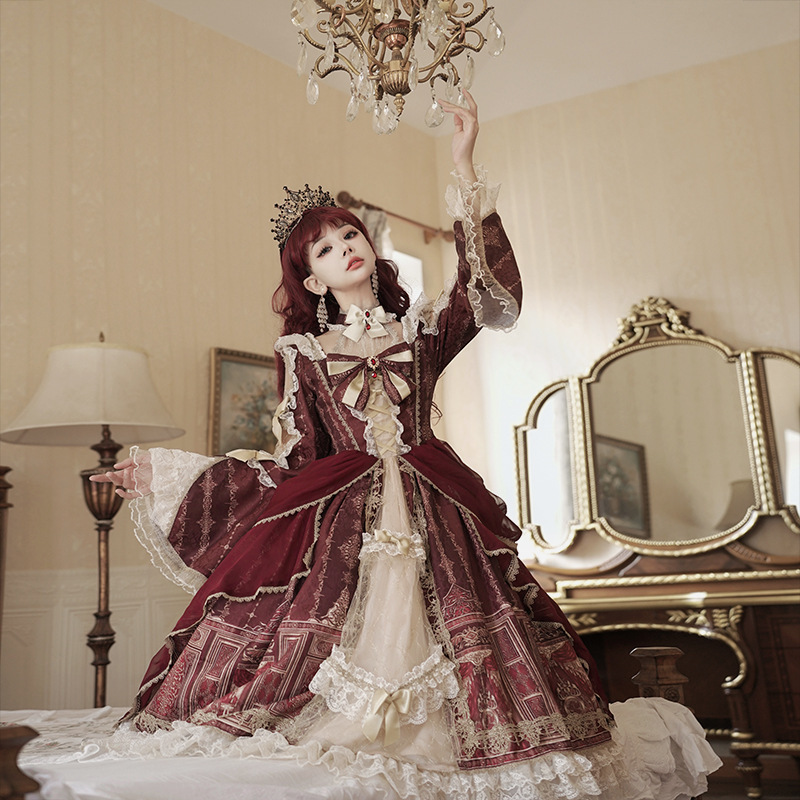 オリジナルバロック宮殿ロリータ長袖ワンピース日常かわいいLolita甘いスカート6915|undefined