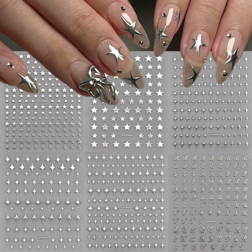 Cross-Border Set of 6 Classic Star Letter Nail Art Stickers with Adhesive Backing, Starburst Pentagram Explosion Star Planner Stickers