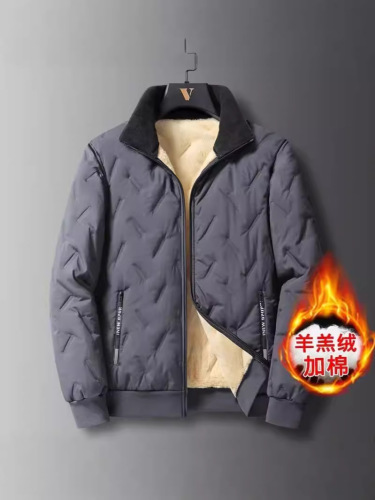 Men's winter coat, quilted and warm, windproof and thick, lamb wool and cotton padded jacket, loose and versatile, plus-size cotton puffer jacket, warm and cozy cotton coat.