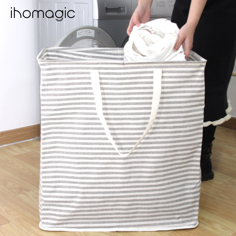 Independiente de lino a rayas cesta de lavandería de gran capacidad bolsa de almacenamiento portátil de almacenamiento plegable cesta de la ropa