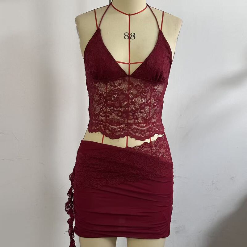 Sexy See-Through Camisole Cut Out Lace Stitching Hip-Hugging Mini Skirt 2025 New European and American Style Women's Suit Sexy See-Through Camisole Cut Out Lace Stitching Hip-Hugging Mini Skirt 2025 New European and American Style Women's Suit